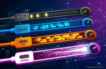 Cuatro cables USB de colores con indicadores de velocidad de 5, 20 y 40 Gbps. Imagen generada con IA.