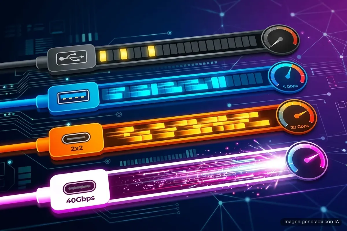 5246-versiones-usb-comparadas-velocidad Cuatro cables USB de colores con indicadores de velocidad de 5, 20 y 40 Gbps. Imagen generada con IA.
