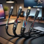 Cables USB-C ordenados sobre un escritorio, con un portátil y un monitor al fondo. Imagen generada con IA.