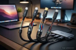 Cables USB-C ordenados sobre un escritorio, con un portátil y un monitor al fondo. Imagen generada con IA.