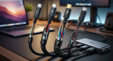 Cables USB-C ordenados sobre un escritorio, con un portátil y un monitor al fondo. Imagen generada con IA.