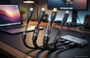 5256-usb-c-cables-identicos-no-hacen-lo-mismo Cables USB-C ordenados sobre un escritorio, con un portátil y un monitor al fondo. Imagen generada con IA.