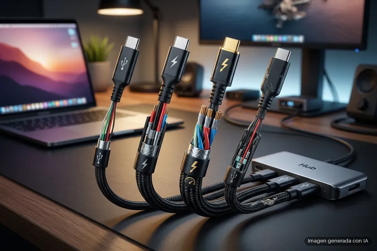 5256-usb-c-cables-identicos-no-hacen-lo-mismo Cables USB-C ordenados sobre un escritorio, con un portátil y un monitor al fondo. Imagen generada con IA.