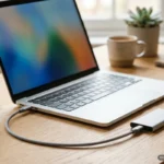 Portátil plateado conectado con un cable USB-C trenzado a un SSD externo sobre una mesa de madera. Imagen generada con IA.