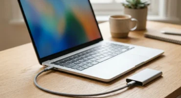 Portátil plateado conectado con un cable USB-C trenzado a un SSD externo sobre una mesa de madera. Imagen generada con IA.