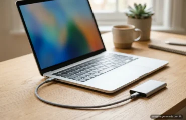 5263-thunderbolt-frente-usb4-diferencias-compatibilidad Portátil plateado conectado con un cable USB-C trenzado a un SSD externo sobre una mesa de madera. Imagen generada con IA.