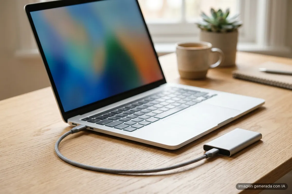 5263-thunderbolt-frente-usb4-diferencias-compatibilidad Portátil plateado conectado con un cable USB-C trenzado a un SSD externo sobre una mesa de madera. Imagen generada con IA.