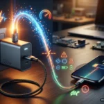 Cargador conectado a una toma de corriente, transfiriendo energía a un teléfono móvil con indicador de carga del 28%. Imagen generada con IA.