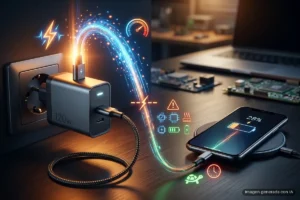 Cargador conectado a una toma de corriente, transfiriendo energía a un teléfono móvil con indicador de carga del 28%. Imagen generada con IA.
