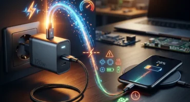 Cargador conectado a una toma de corriente, transfiriendo energía a un teléfono móvil con indicador de carga del 28%. Imagen generada con IA.