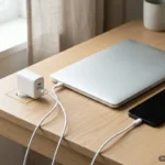 Cargador GaN blanco con dos puertos USB-C conectado a un portátil cerrado y a un móvil sobre una mesa de madera. Imagen generada con IA.