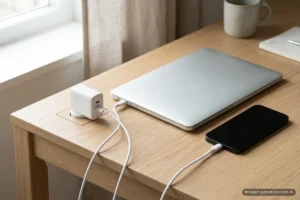 Cargador GaN blanco con dos puertos USB-C conectado a un portátil cerrado y a un móvil sobre una mesa de madera. Imagen generada con IA.