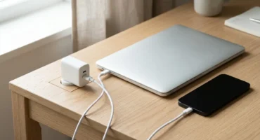 Cargador GaN blanco con dos puertos USB-C conectado a un portátil cerrado y a un móvil sobre una mesa de madera. Imagen generada con IA.