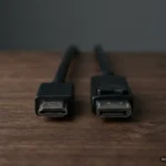 Conectores de un cable HDMI y de un cable DisplayPort, uno junto a otro sobre una mesa de madera oscura. Imagen generada con IA.