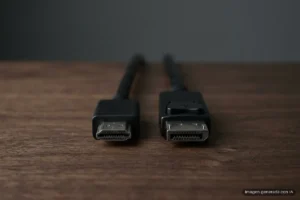 Conectores de un cable HDMI y de un cable DisplayPort, uno junto a otro sobre una mesa de madera oscura. Imagen generada con IA.
