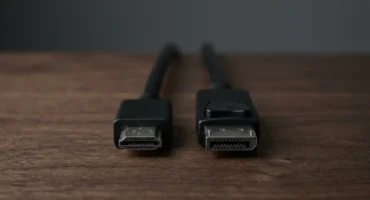 Conectores de un cable HDMI y de un cable DisplayPort, uno junto a otro sobre una mesa de madera oscura. Imagen generada con IA.