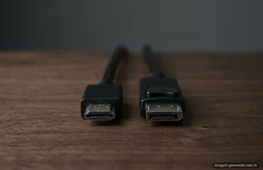 Conectores de un cable HDMI y de un cable DisplayPort, uno junto a otro sobre una mesa de madera oscura. Imagen generada con IA.