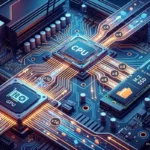 Circuito de una placa base con procesador, tarjeta gráfica y SSD, con las conexiones iluminadas. Imagen generada con IA.