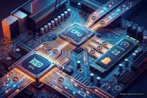 Circuito de una placa base con procesador, tarjeta gráfica y SSD, con las conexiones iluminadas. Imagen generada con IA.