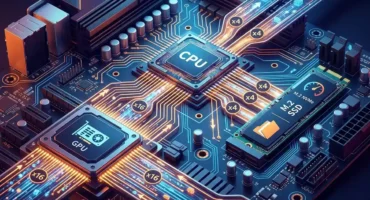 Circuito de una placa base con procesador, tarjeta gráfica y SSD, con las conexiones iluminadas. Imagen generada con IA.