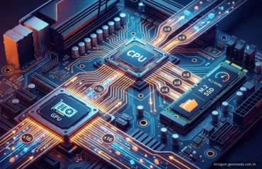 Circuito de una placa base con procesador, tarjeta gráfica y SSD, con las conexiones iluminadas. Imagen generada con IA.