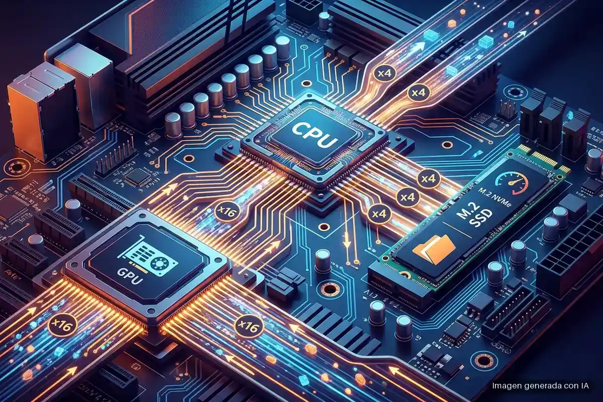 5280-carriles-pcie-perdida-velocidad-ssd Circuito de una placa base con procesador, tarjeta gráfica y SSD, con las conexiones iluminadas. Imagen generada con IA.