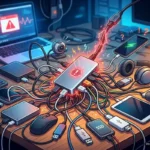 Mesa desordenada con varios dispositivos y cables enredados: móviles, un SSD y un portátil. Imagen generada con IA.