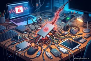 Mesa desordenada con varios dispositivos y cables enredados: móviles, un SSD y un portátil. Imagen generada con IA.