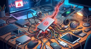 Mesa desordenada con varios dispositivos y cables enredados: móviles, un SSD y un portátil. Imagen generada con IA.