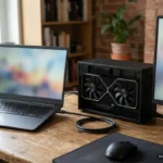 Portátil conectado a una caja de gráfica externa con una tarjeta de dos ventiladores, junto a un monitor. Imagen generada con IA.