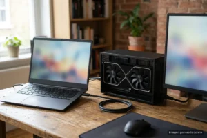 Portátil conectado a una caja de gráfica externa con una tarjeta de dos ventiladores, junto a un monitor. Imagen generada con IA.