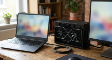 Portátil conectado a una caja de gráfica externa con una tarjeta de dos ventiladores, junto a un monitor. Imagen generada con IA.