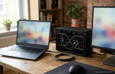 5291-que-es-egpu-rendimiento Portátil conectado a una caja de gráfica externa con una tarjeta de dos ventiladores, junto a un monitor. Imagen generada con IA.