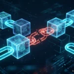 Ilustración de una cadena de paquetes de software con un eslabón roto. Imagen generada con IA.