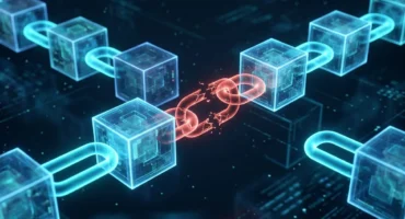 Ilustración de una cadena de paquetes de software con un eslabón roto. Imagen generada con IA.
