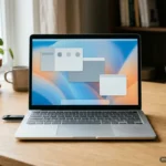 Portátil sobre una mesa de madera con una memoria USB conectada en un lateral y un escritorio en pantalla. Imagen generada con IA.