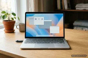 Portátil sobre una mesa de madera con una memoria USB conectada en un lateral y un escritorio en pantalla. Imagen generada con IA.