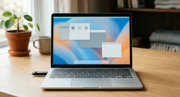 Portátil sobre una mesa de madera con una memoria USB conectada en un lateral y un escritorio en pantalla. Imagen generada con IA.