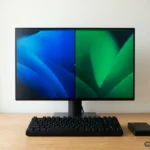 Monitor con la pantalla dividida en dos fondos, azul y verde, junto a un teclado, un disco externo y una memoria USB. Imagen generada con IA.