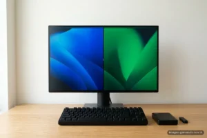 Monitor con la pantalla dividida en dos fondos, azul y verde, junto a un teclado, un disco externo y una memoria USB. Imagen generada con IA.