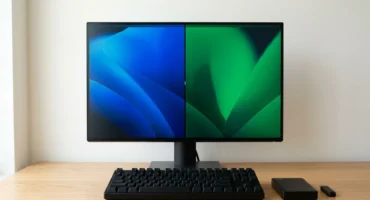 Monitor con la pantalla dividida en dos fondos, azul y verde, junto a un teclado, un disco externo y una memoria USB. Imagen generada con IA.