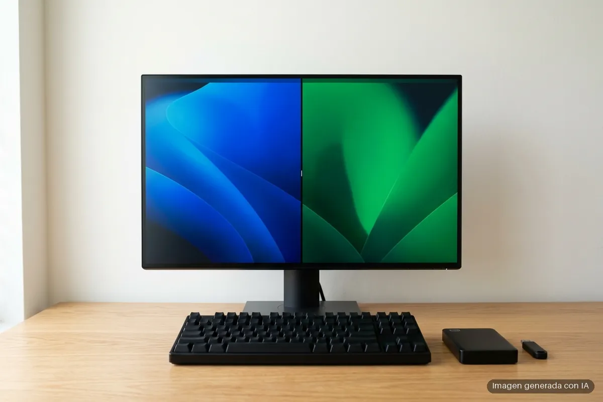Monitor con la pantalla dividida en dos fondos, azul y verde, junto a un teclado, un disco externo y una memoria USB. Imagen generada con IA.