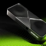 Tarjeta gráfica GeForce RTX 5090 Founders Edition sobre un fondo negro con ondas verdes