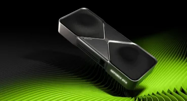 Tarjeta gráfica GeForce RTX 5090 Founders Edition sobre un fondo negro con ondas verdes