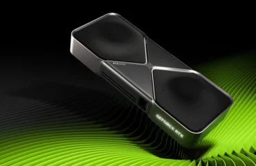 6859-rtx-5090-desaparece-tiendas-online-eeuu-revendedores Tarjeta gráfica GeForce RTX 5090 Founders Edition sobre un fondo negro con ondas verdes