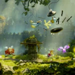 Rayman, Globox y otros personajes corren por un bosque con ruinas en Rayman Legends Retold