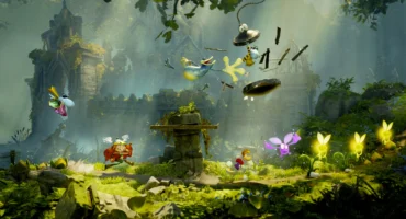 Rayman, Globox y otros personajes corren por un bosque con ruinas en Rayman Legends Retold