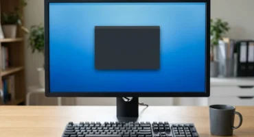 Monitor de sobremesa con una ventana oscura vacía sobre un escritorio azul, con un teclado y una taza de café delante. Imagen generada con IA.