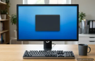 Monitor de sobremesa con una ventana oscura vacía sobre un escritorio azul, con un teclado y una taza de café delante. Imagen generada con IA.
