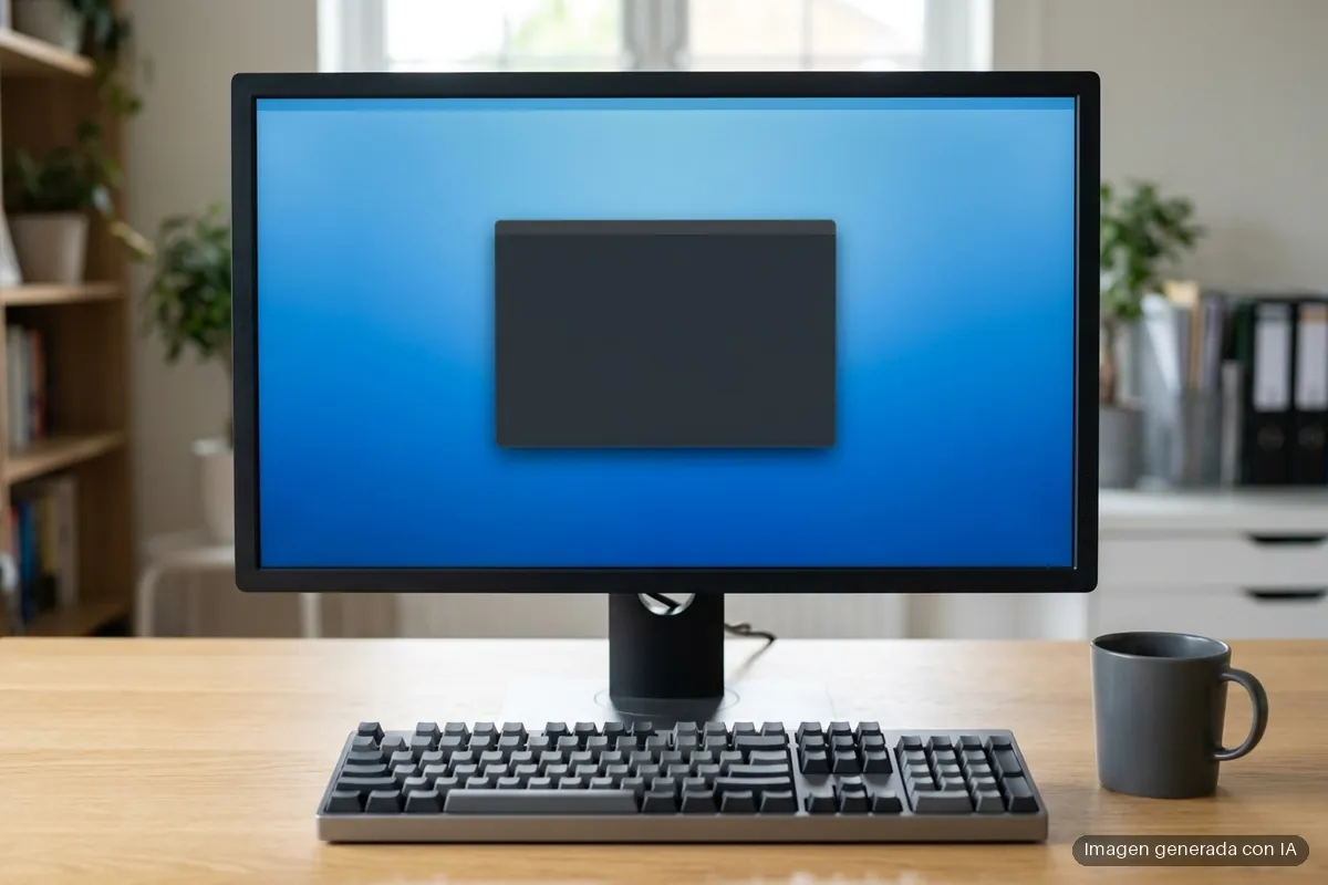 6889-que-es-wsl-subsistema-windows-para-linux Monitor de sobremesa con una ventana oscura vacía sobre un escritorio azul, con un teclado y una taza de café delante. Imagen generada con IA.